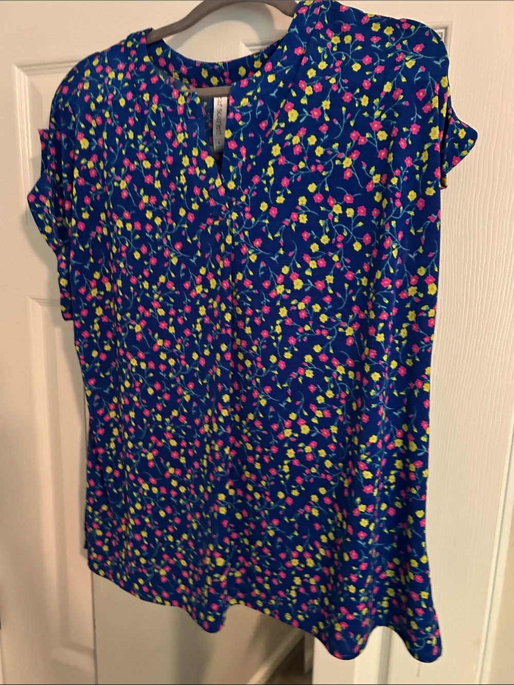Women’s Blue Floral Short-Sleeve Blouse with Pink & Yellow Accents